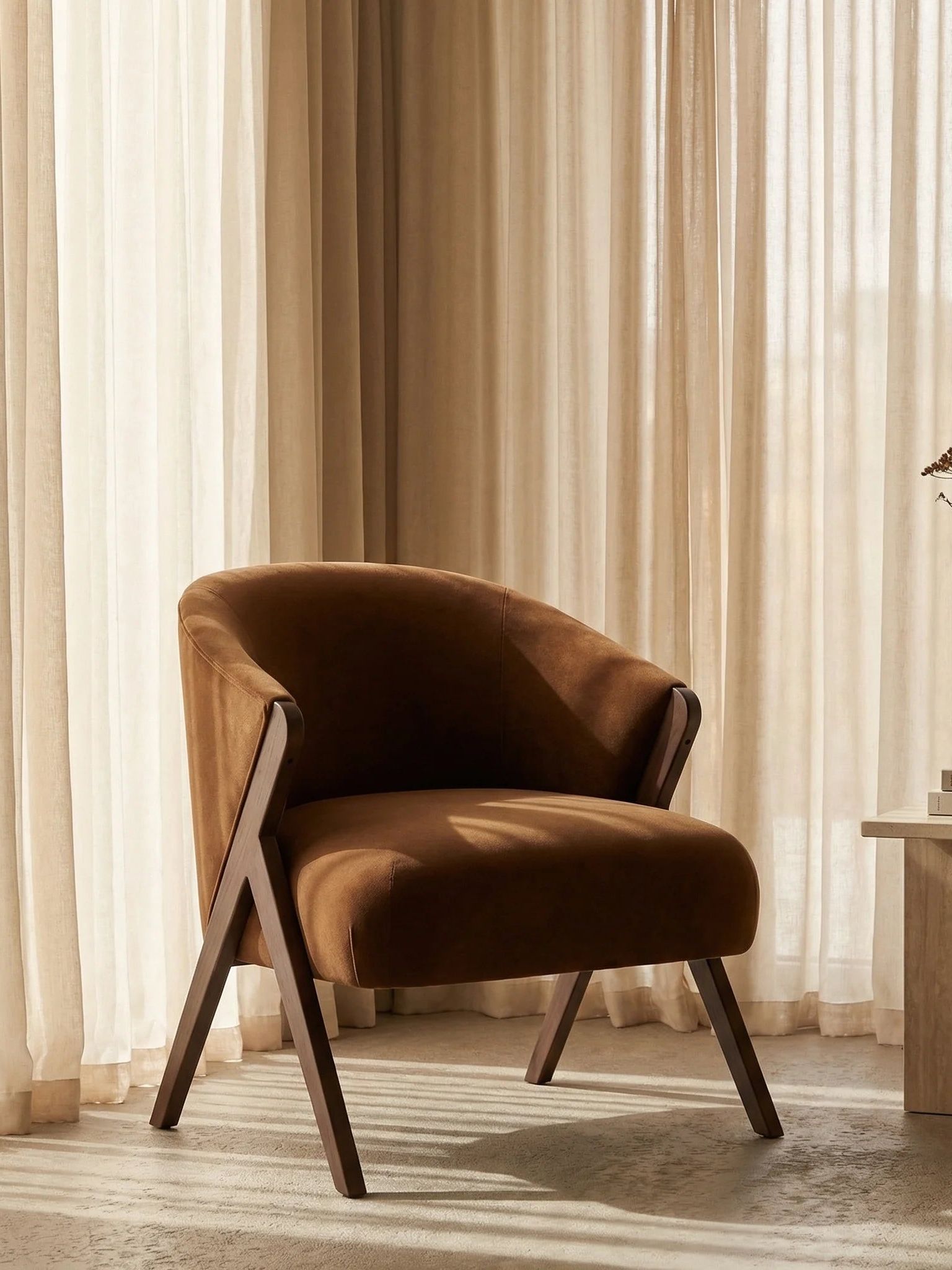 Kira Accent Chair | Caramel Brown Sustainable Mohair Velvet &amp; Walnut