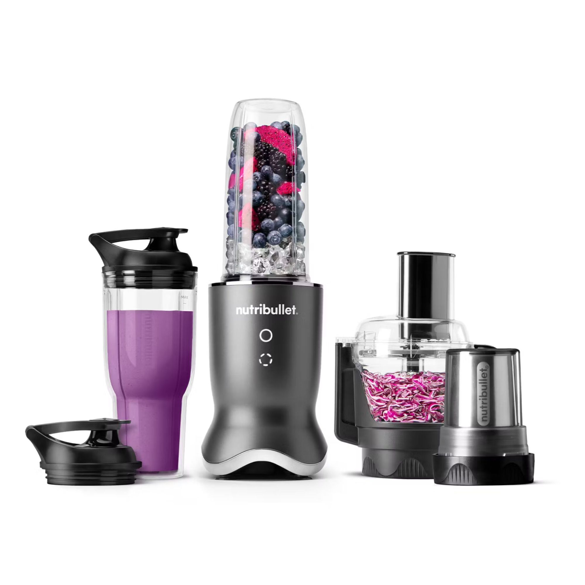 Nutribullet Ultra Plus and attachments on a white background