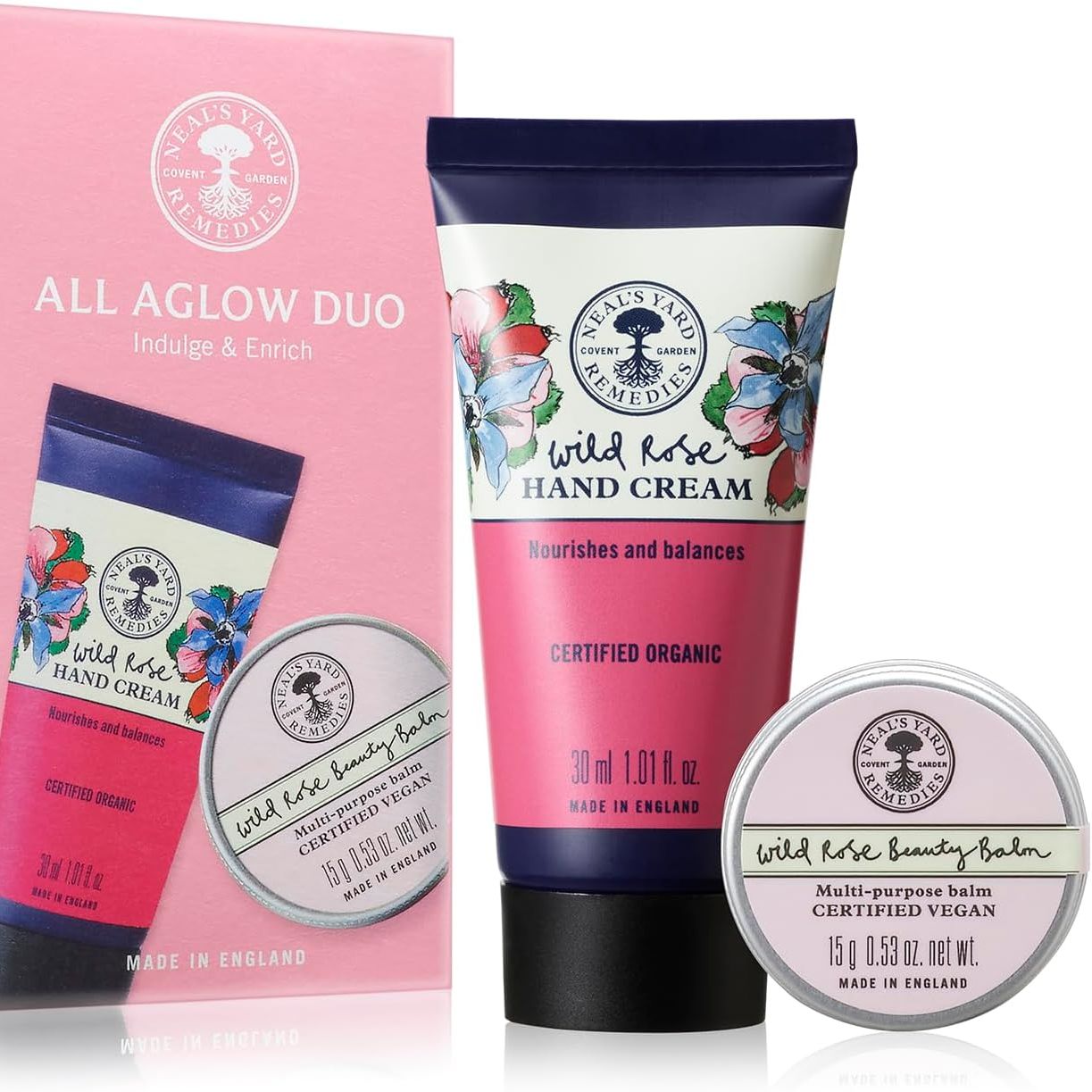 Neal's Yard Remedies All Aglow Gift Set, Wild Rose Beauty Balm &amp;amp; Hand Cream, Radiant and Nourished Skin, Vegan &amp;amp; Cruelty-Free, Set of 2