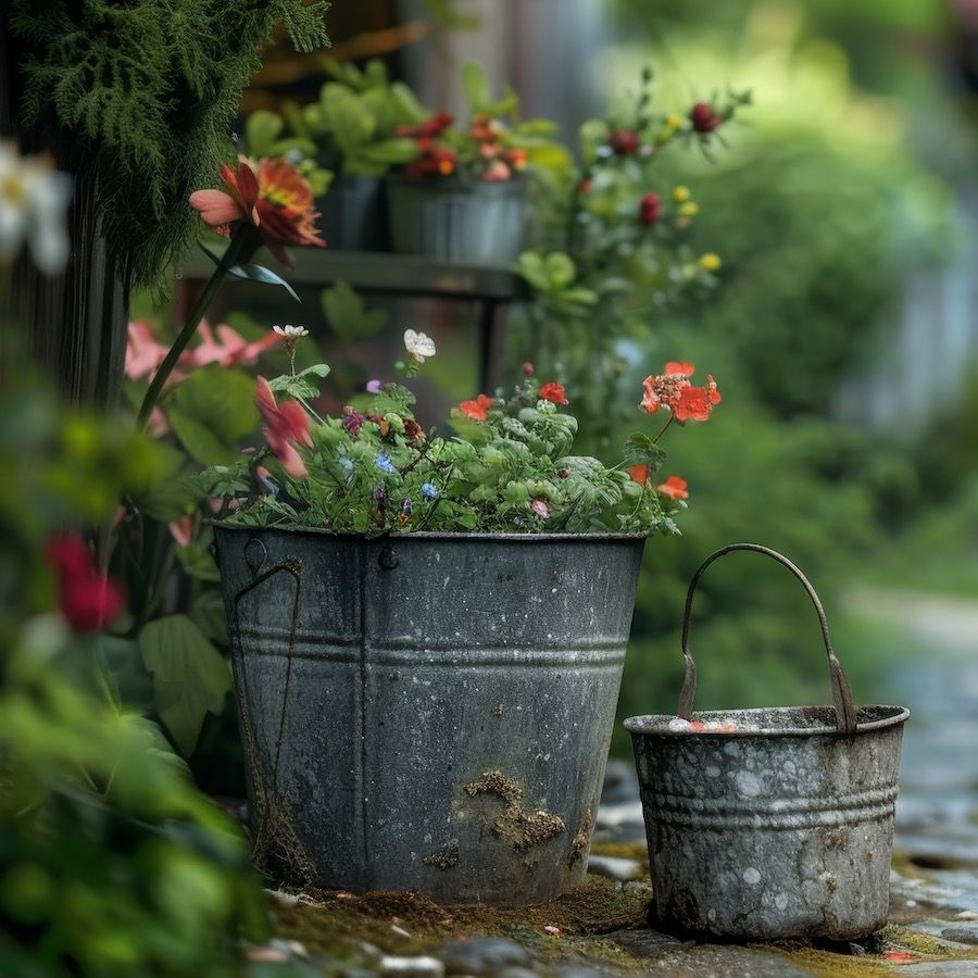 AI generated image of plants in a metal bucket