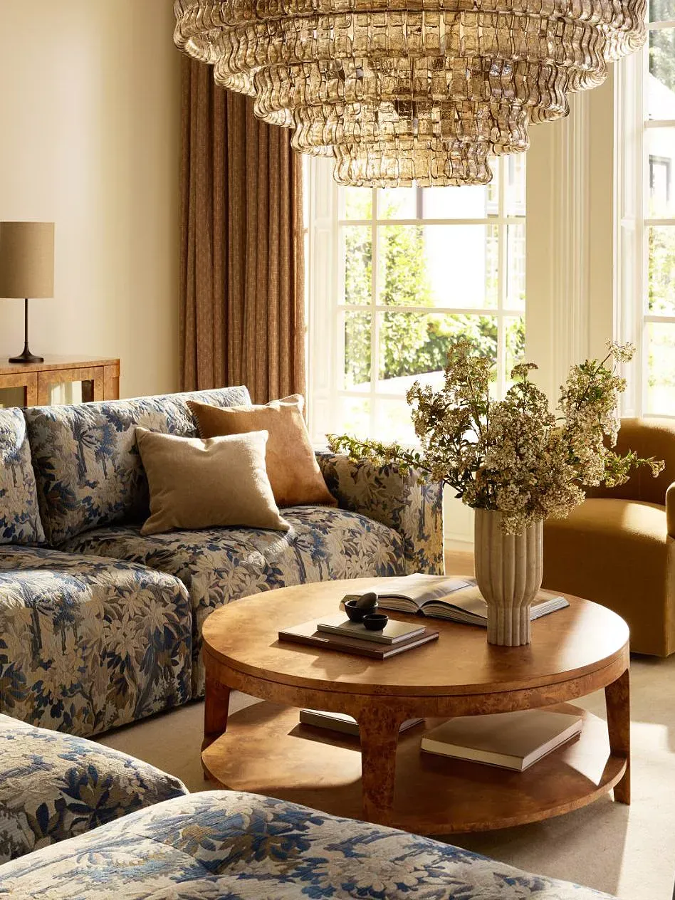 Floral sofa in a grand living room