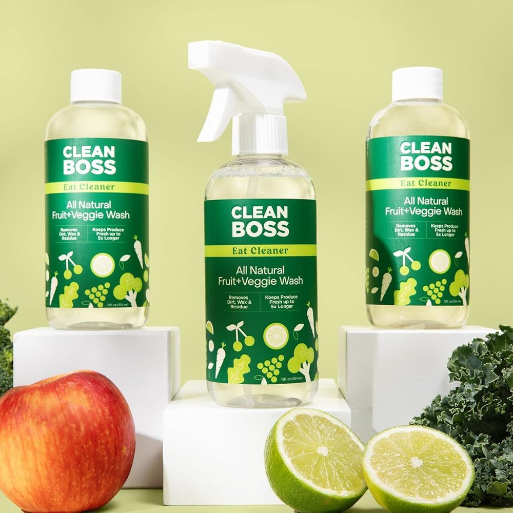 Cleanboss Eat Cleaner Triple-Action Fruit + Veggie Wash - 12 Oz, Pack of 3 - Removes Harmful Residue - Keeps Produce Fresh Up to 5x Longer - Includes One Trigger - Vegan, Gluten Free - Improved Nozzle