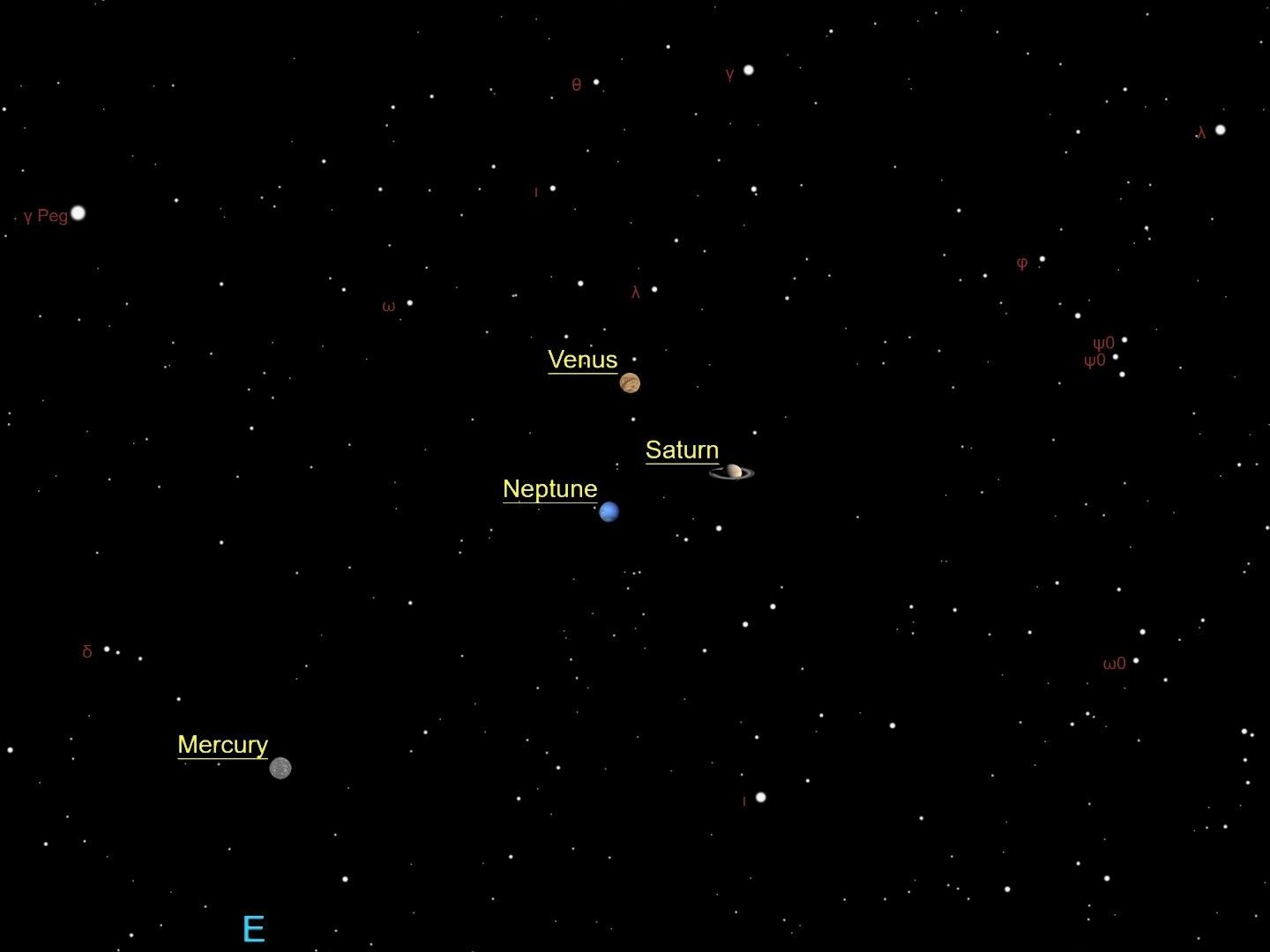 Faint Neptune joins Venus and Saturn to form a planetary