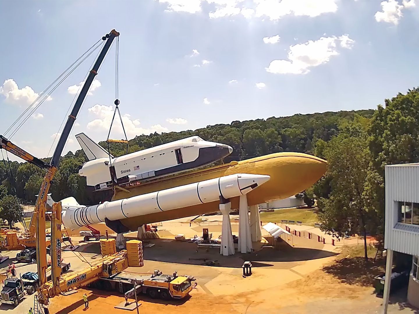 Mock shuttle Pathfinder restored atop its stack at Alabama rocket