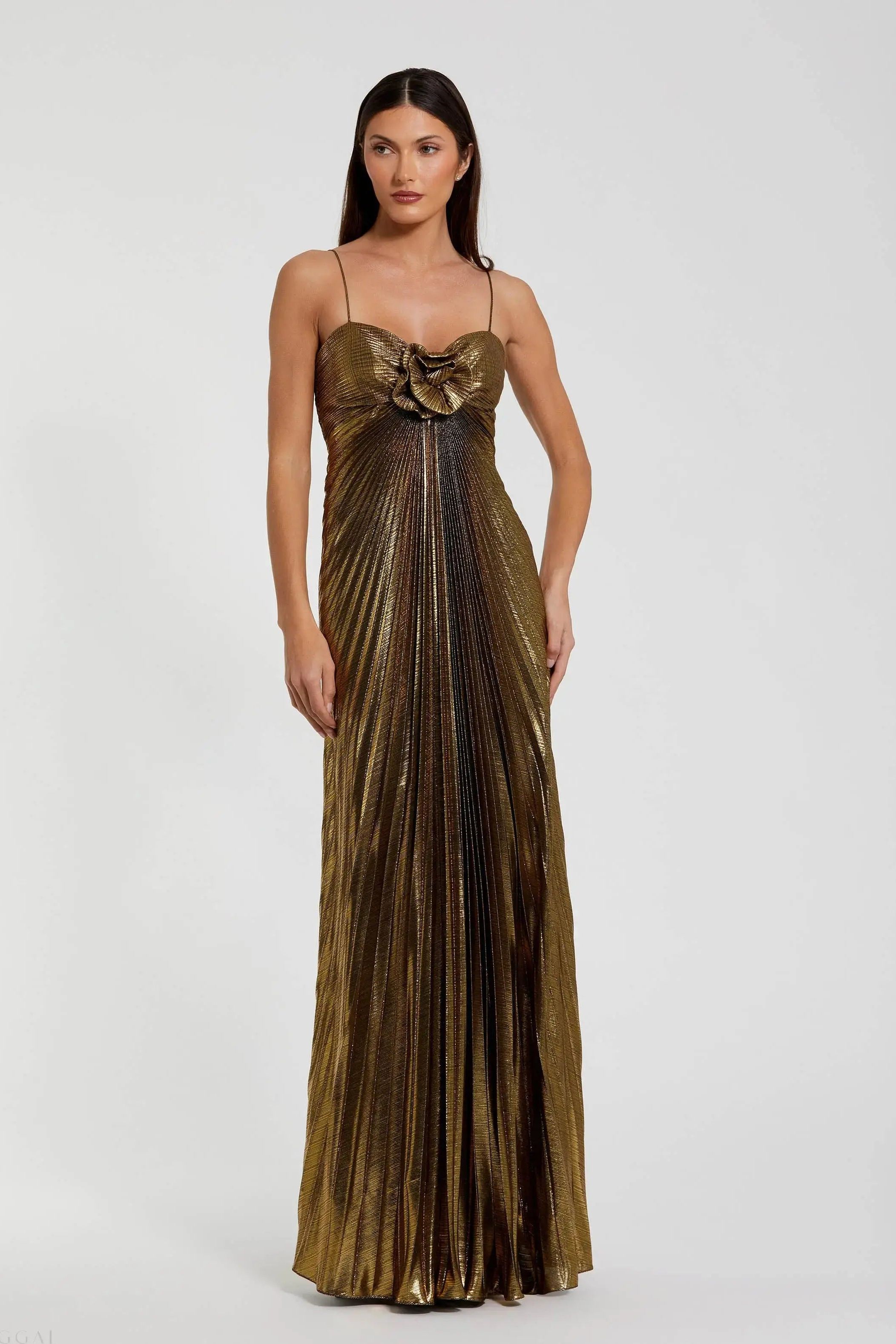 Gold Metallic Pleated Gown With 3d Flower