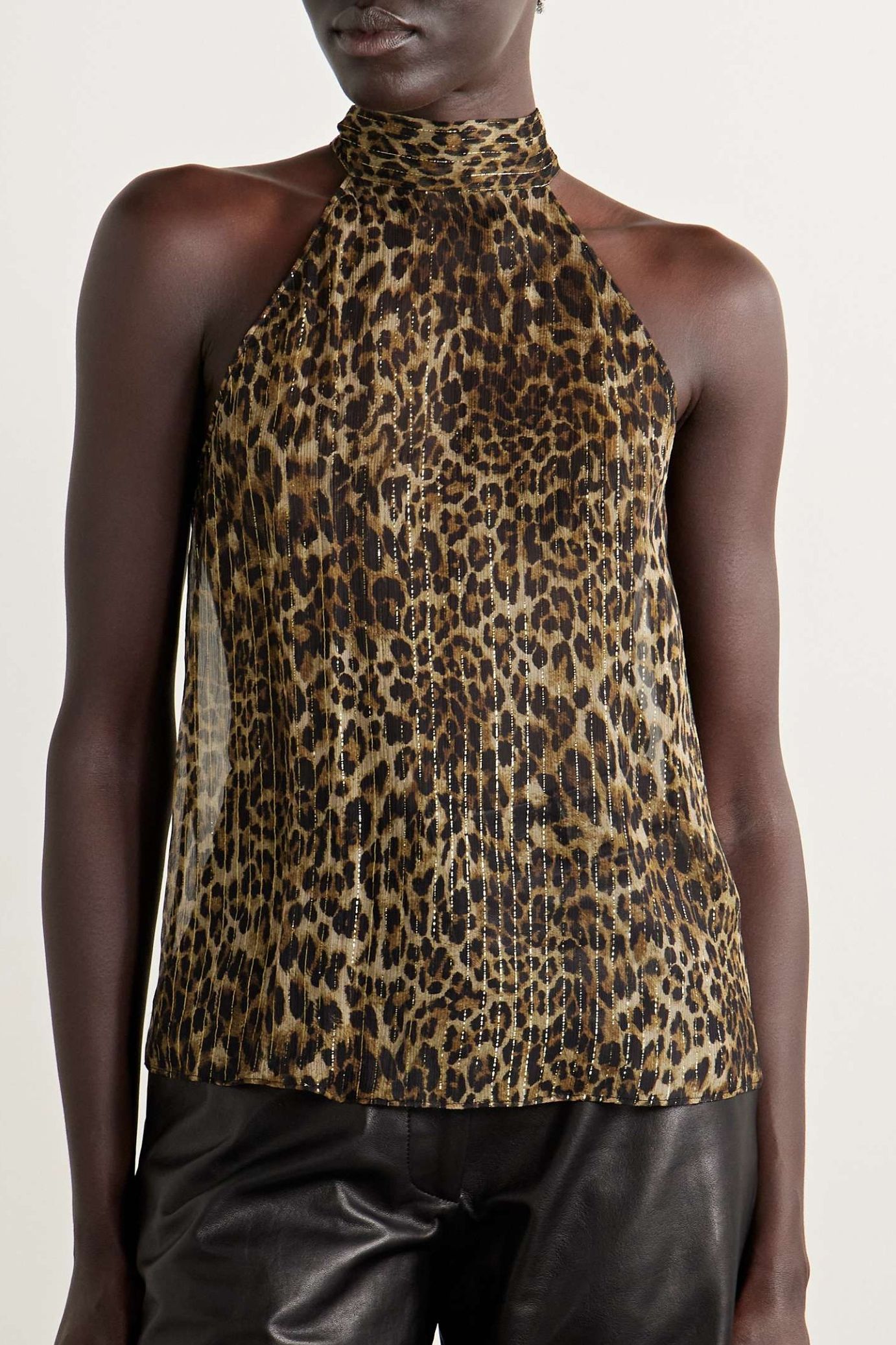 Alla Tie-Neck Leopard-Print Metallic Silk-Crepon Halterneck Top