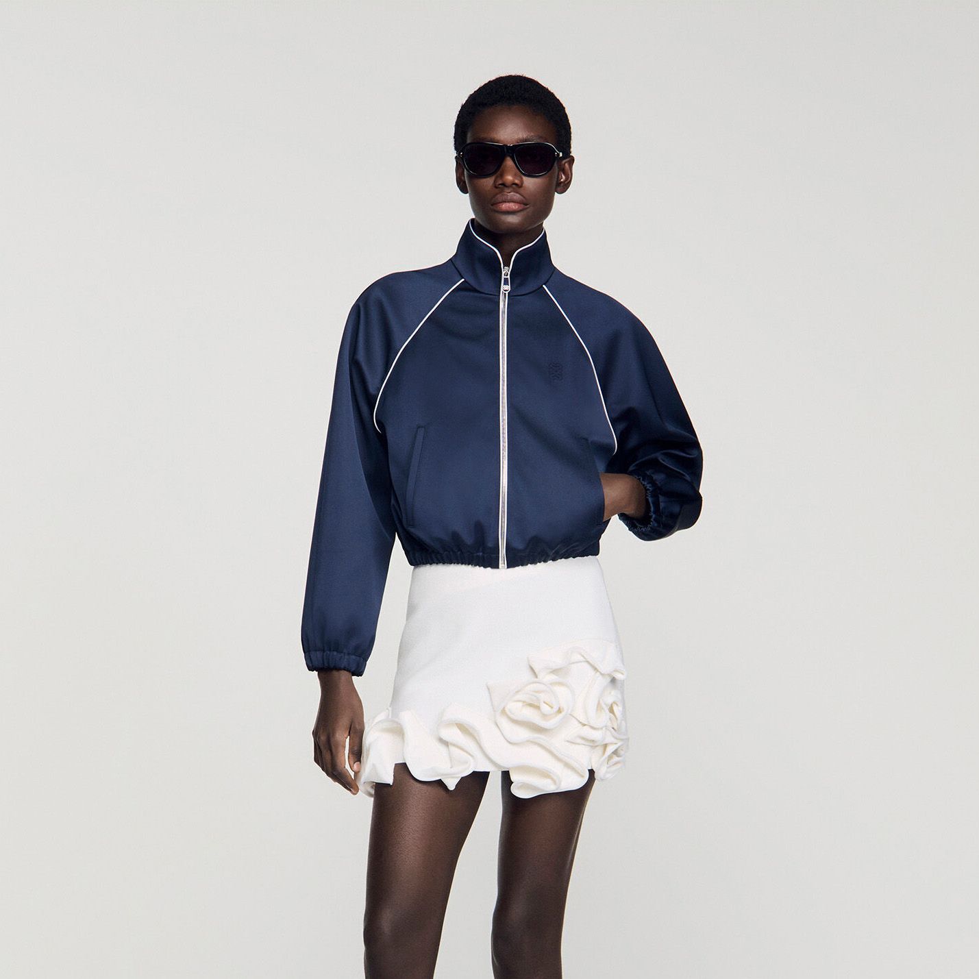 Embroidered Cropped Satin Jacket