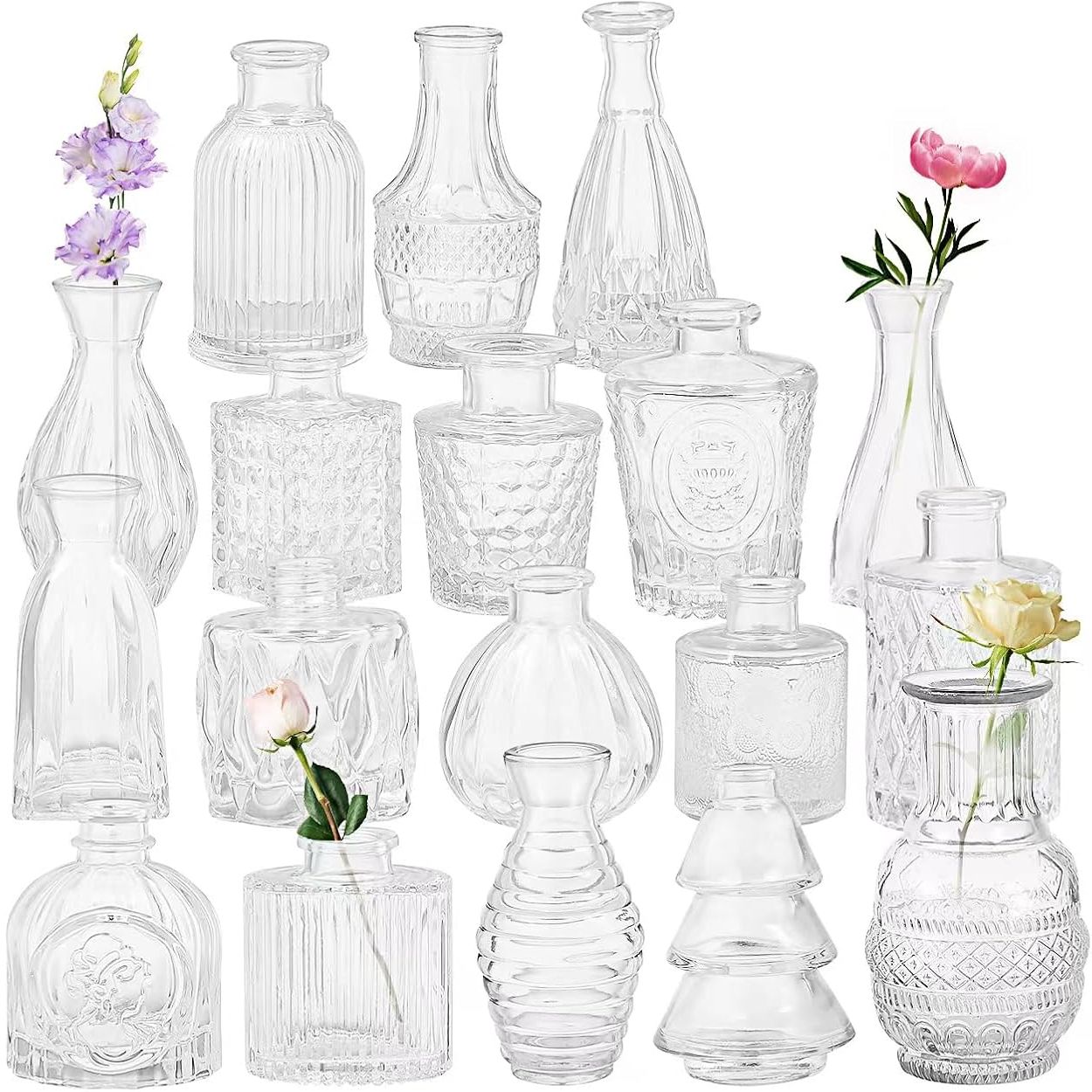 Set of 20 Glass Bud Vases,small Clear Vases,wedding Centerpiece Table Decorations,clear Vintage Embossed Mini Vases,flower Arrangements in for Party or Home Decor