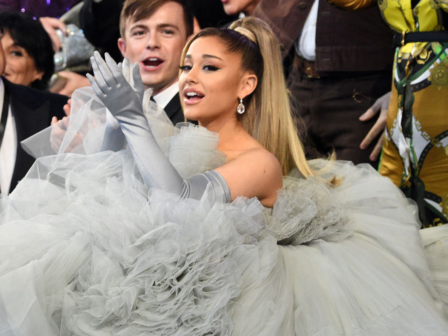 slim fit dress slacks Ariana Grande Grey Celebrity Ball Gown Prom Red Carpet Dress Grammys