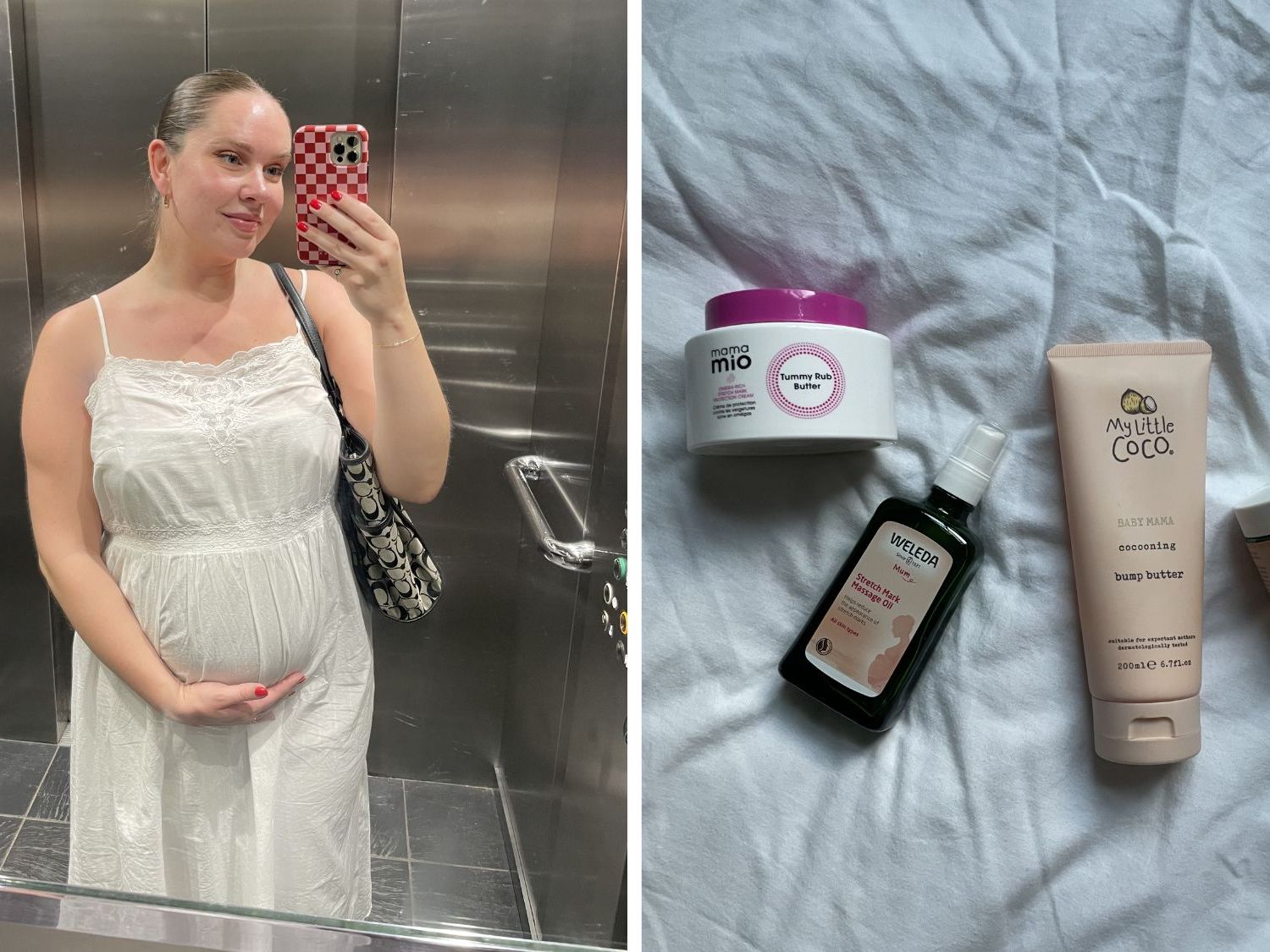 Pregnant woman taking mirror selfie showing baby bump beside an arrangement of pregnancy skincare products including tummy butters and stretch mark oils