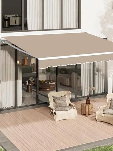 Yodolla 3x2.5m Retractable Manual Awning, Garden Sun Shade Diy Folding Awning With Hand Crank Patio Canopy, Anti-Uv and Waterproof for Courtyard, Balcony, Restaurant, Beige