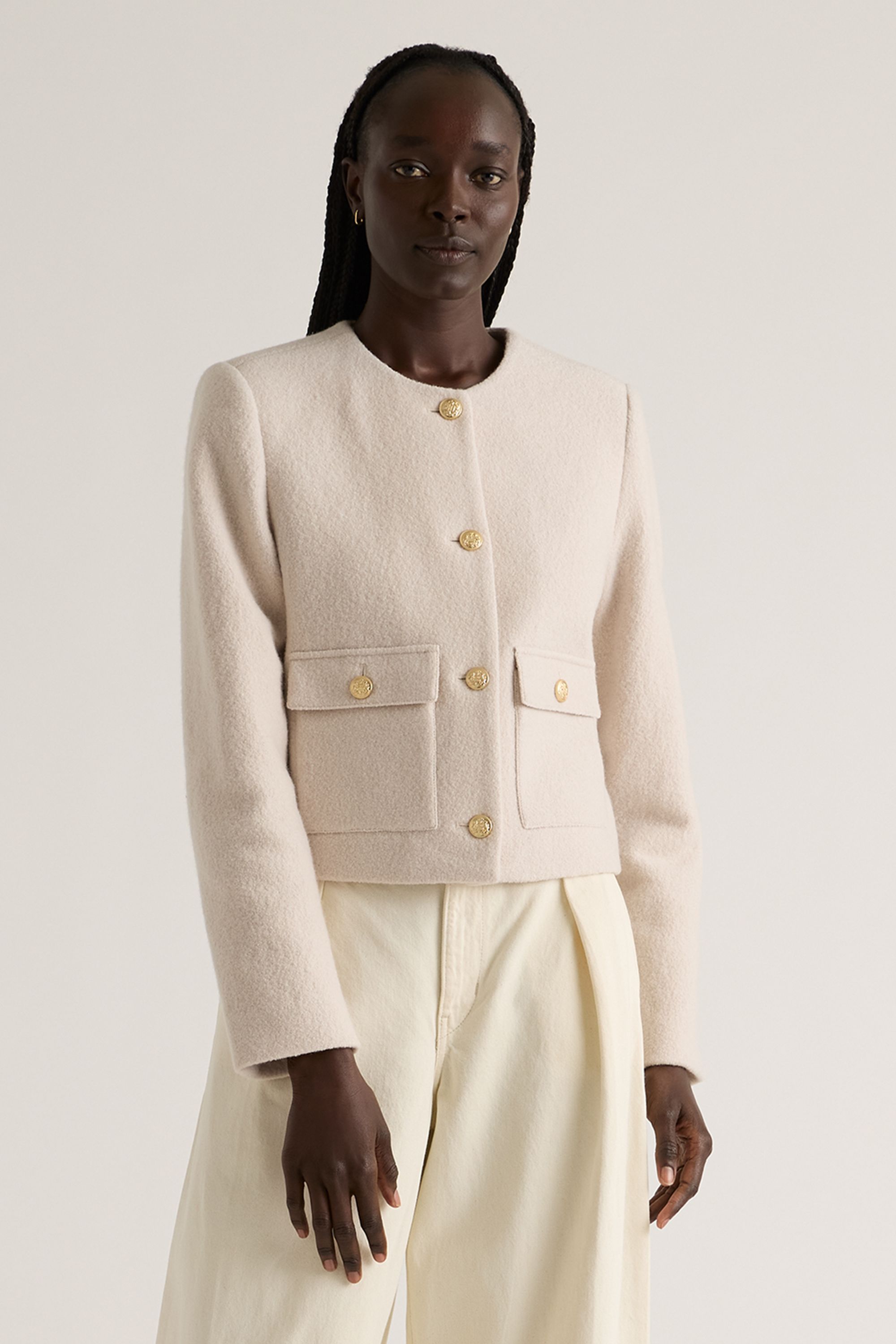 100% Merino Wool Collarless Cropped Jacket