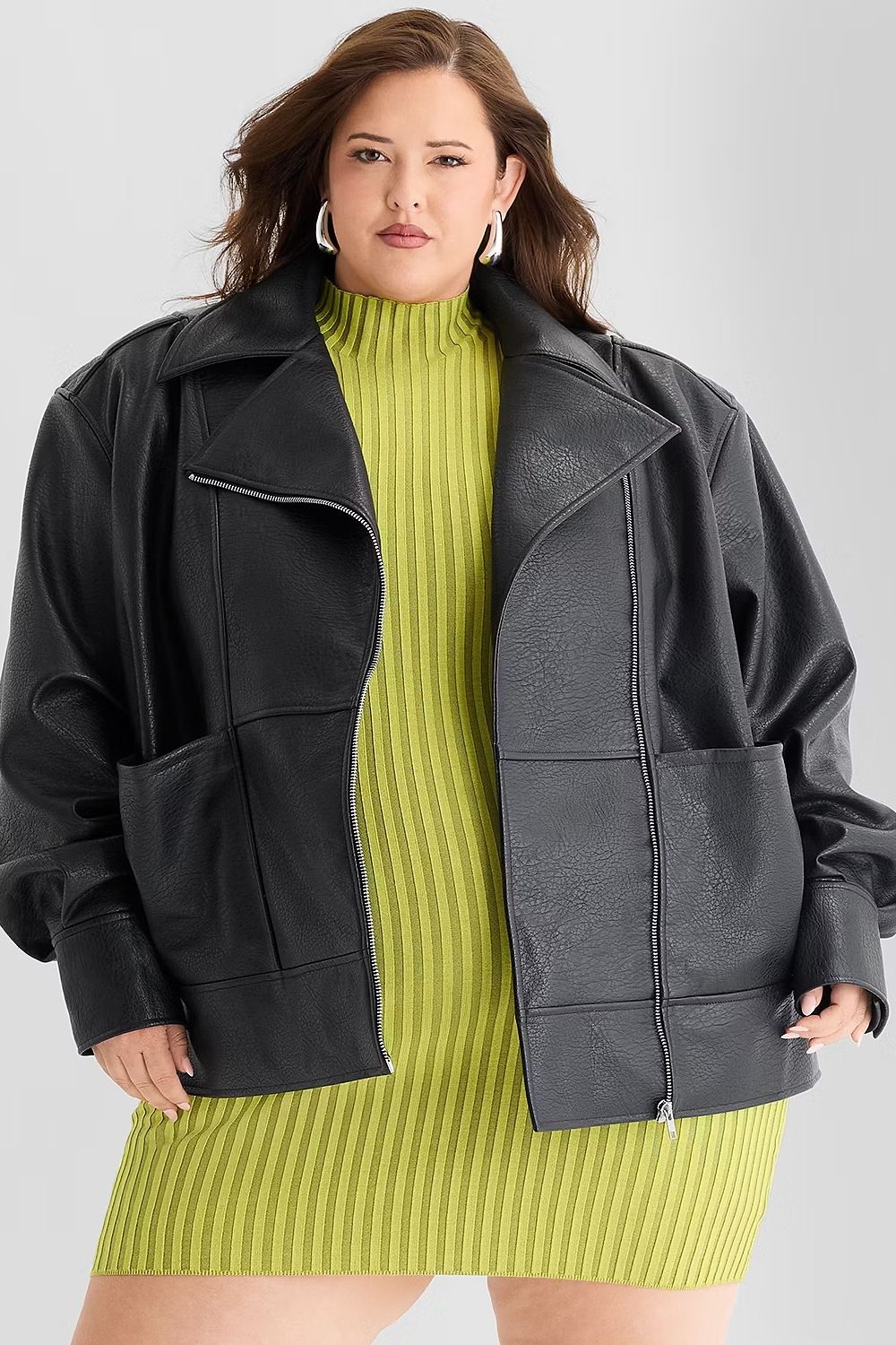 Ashley Graham Womens Plus Faux Leather Midweight Motorcycle Jacket