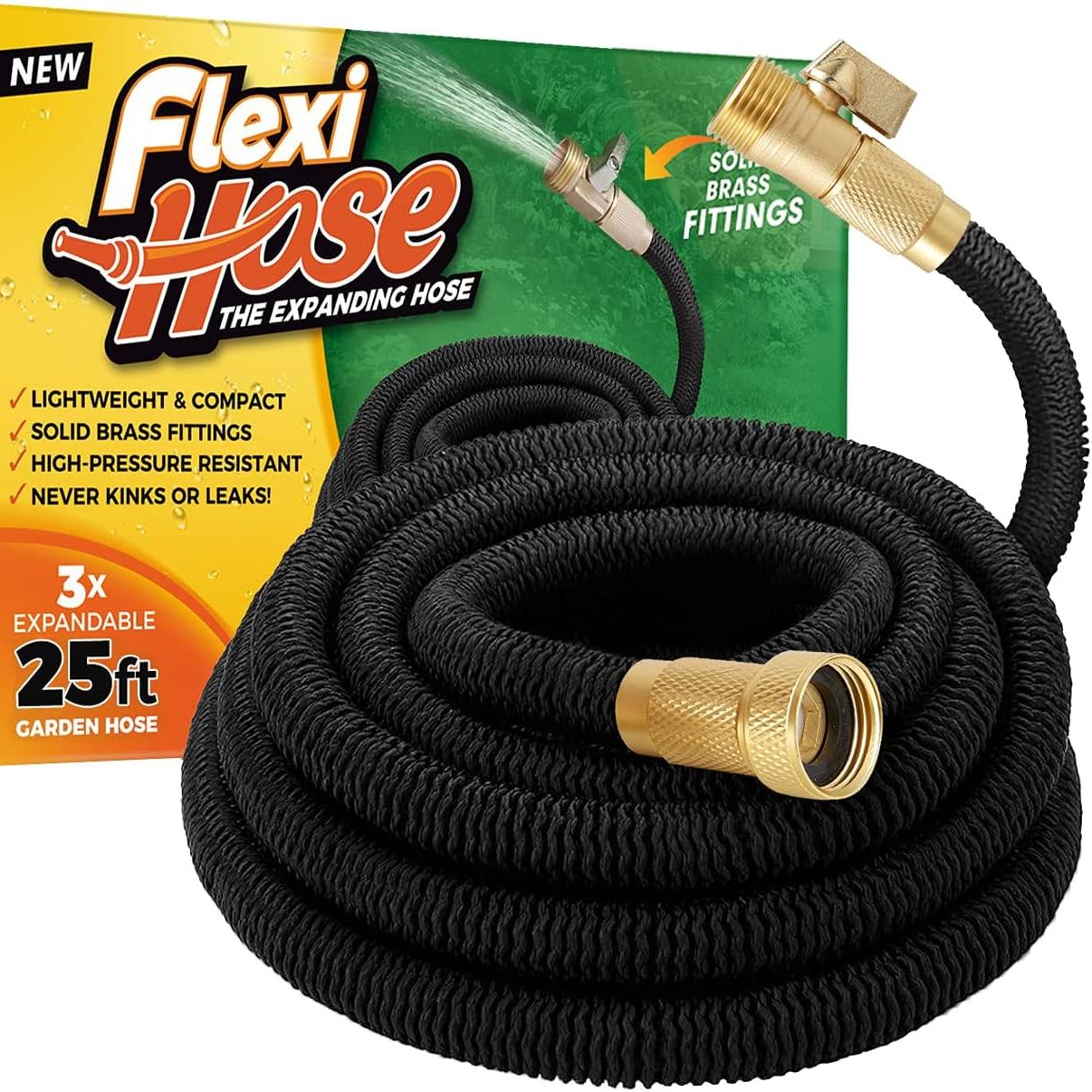 Flexi Hose Lightweight Expandable Garden Hose, No-Kink Flexibility, 3/4 Inch Solid Brass Fittings and Double Latex Core (25ft, Black)