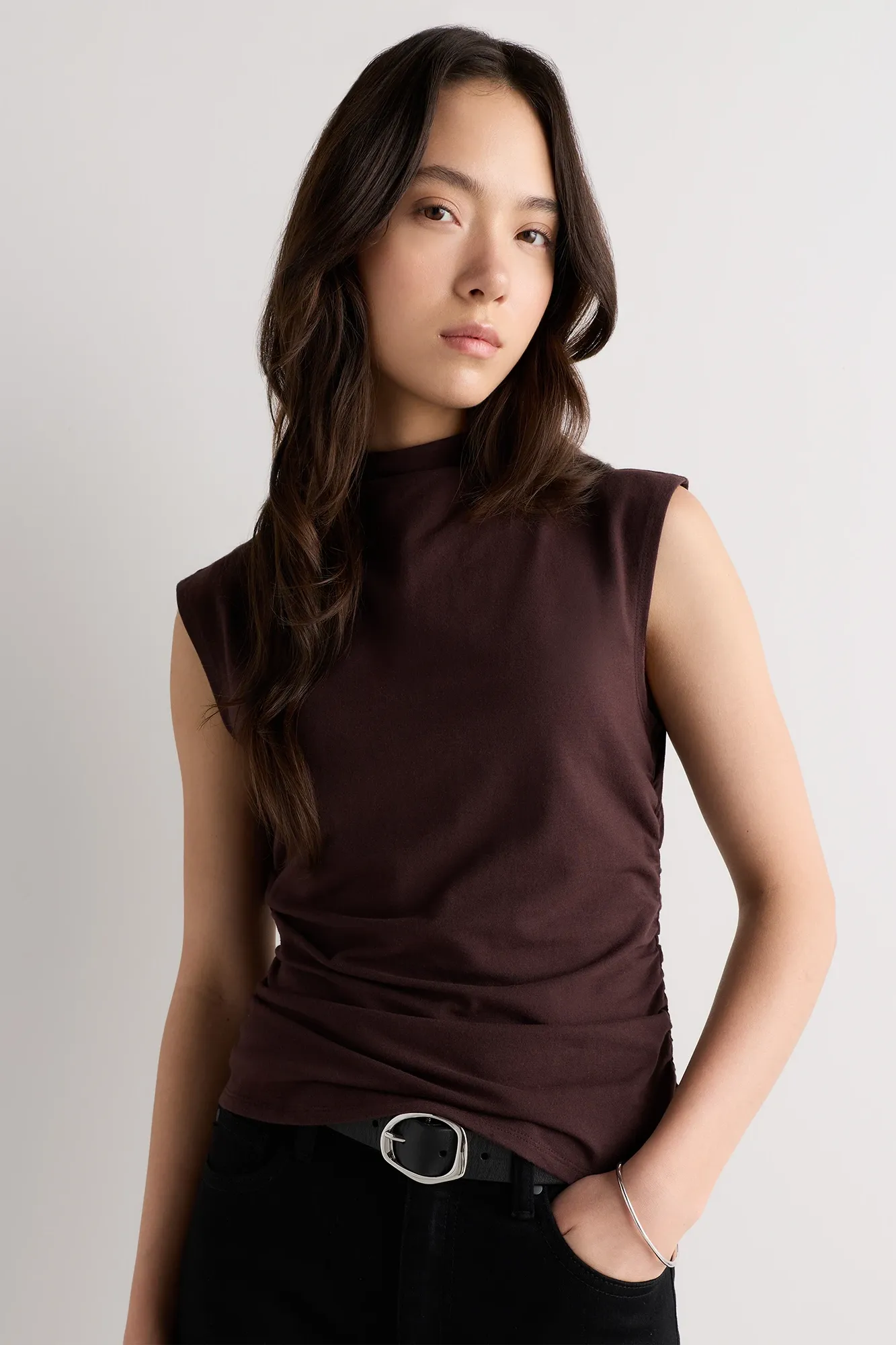 Stretch Cotton Jersey Sleeveless Mock Neck Top in Chocolate Plum Brown, Size Xs