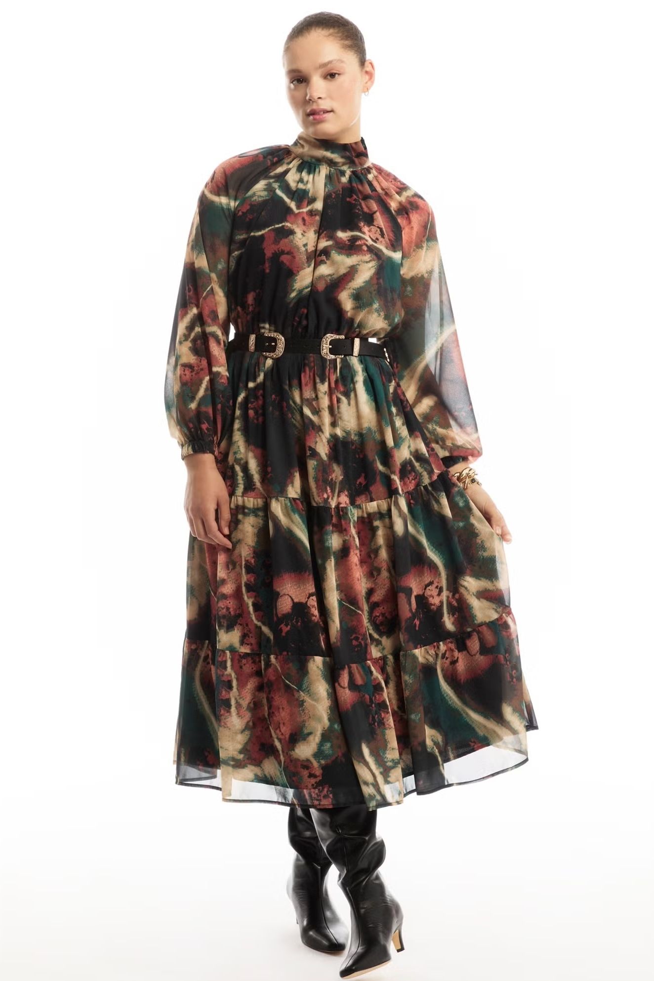 June &amp;amp; Vie Mock-Neck Chiffon Midi Dress