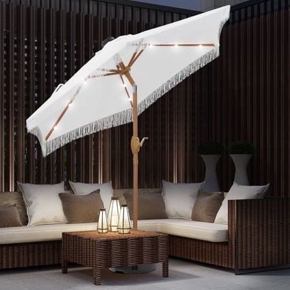 Autlaycil 7.5 Ft Fringe Patio Umbrella With 18 Led Lights, Tassels Solar Umbrella - White