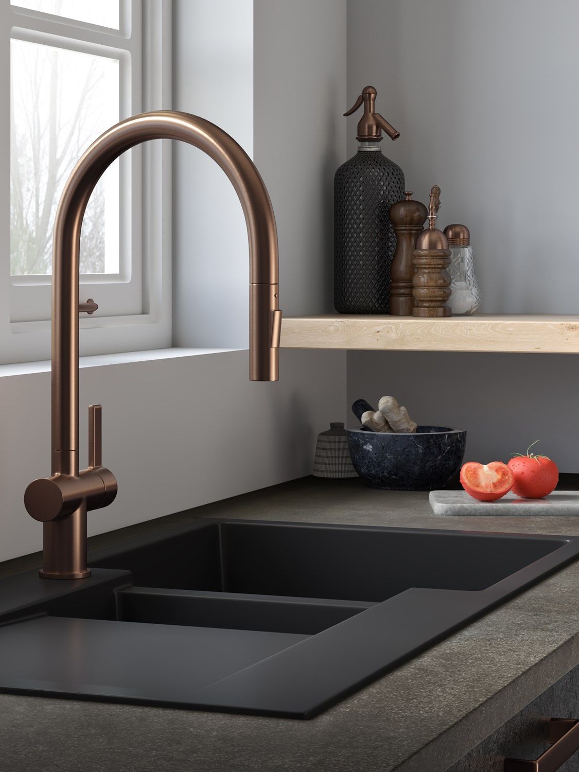 Just Taps Vos Pull Out Spray Single Lever Mono Kitchen Mixer - Brushed Bronze