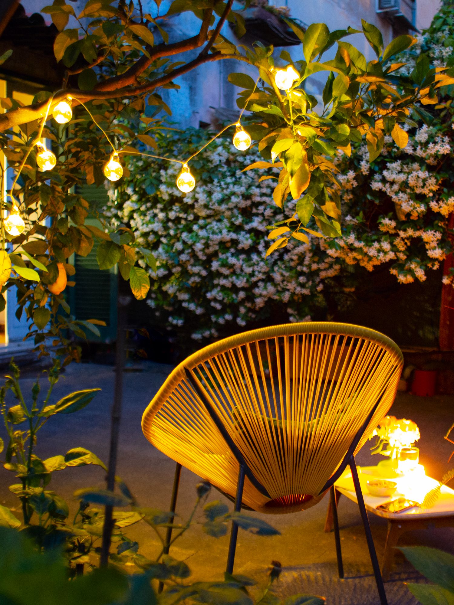 solar garden lighting with string lights hanging in a tree
