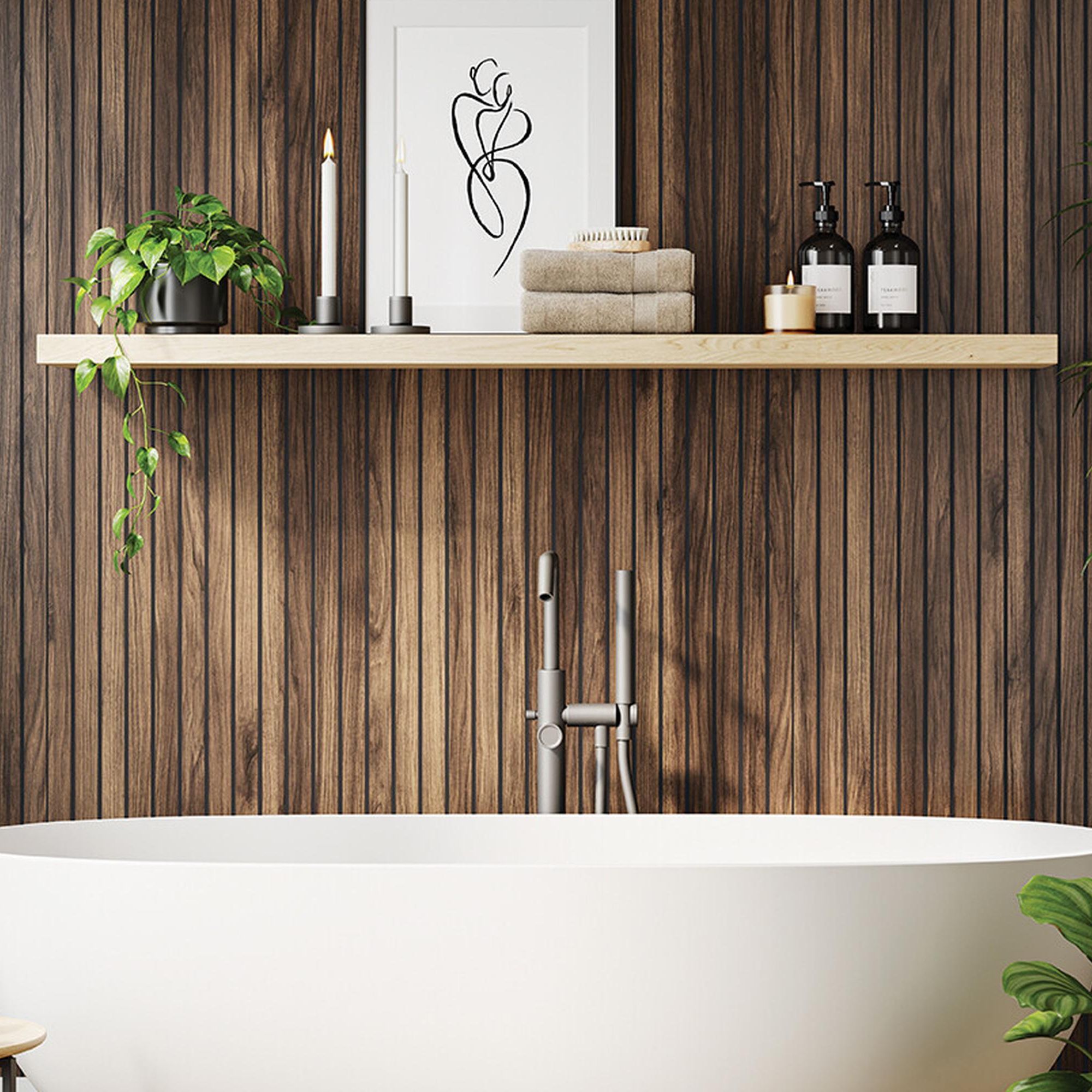 bathroom with walnut wall panelling