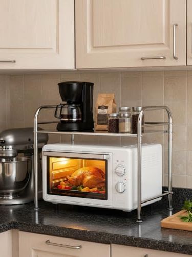 Chairable Microwave Rack Shelf - 2-Tier Stainless Steel Over the Microwave Shelf Stand Countertop Heavy Duty - Kitchen Organizer and Storage Shelves Space Saving Metal Baker Toaster Rack
