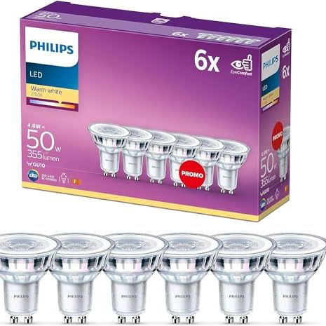 Philips Led Classic Light Bulb 6 Pack [gu10 Spot] 4.6 W - 50 W Equivalent, Warm White (2700k), Non Dimmable, Standard Range