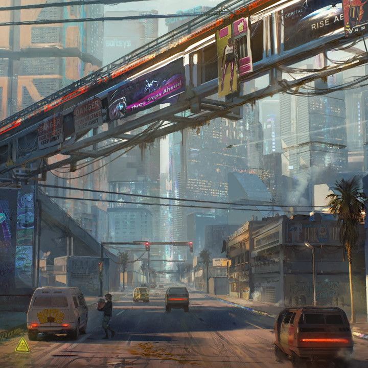 Cyberpunk 2077 concept art shows high-tech City Center and