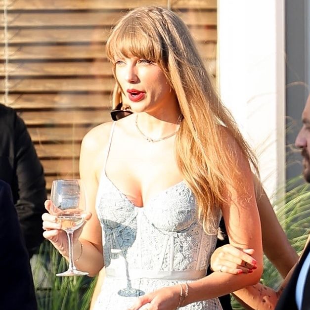 taylor swift gold lace wedding guest dress Wore the Prettiest Trend to a taylor swift wedding guest dress