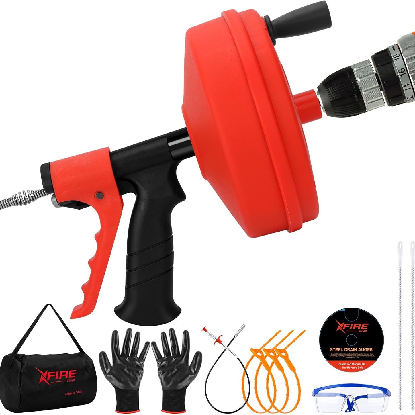 &amp;#12304;new&amp;#12305;50 Ft Double Mode Drain Snake Tools, 11-In-1 Drain Auger for Sink and Drain Unblocking, Plumbing Snake for Kitchen, Bathrom and Shower Sink, Snake for Real Dyis (red)