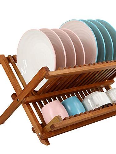 Utoplike Teak Dish Rack Stand Drainer, Collapsible 2 Tier Dish Drying Rack With Cup Holder, Wooden Plate Organiser for Kitchen