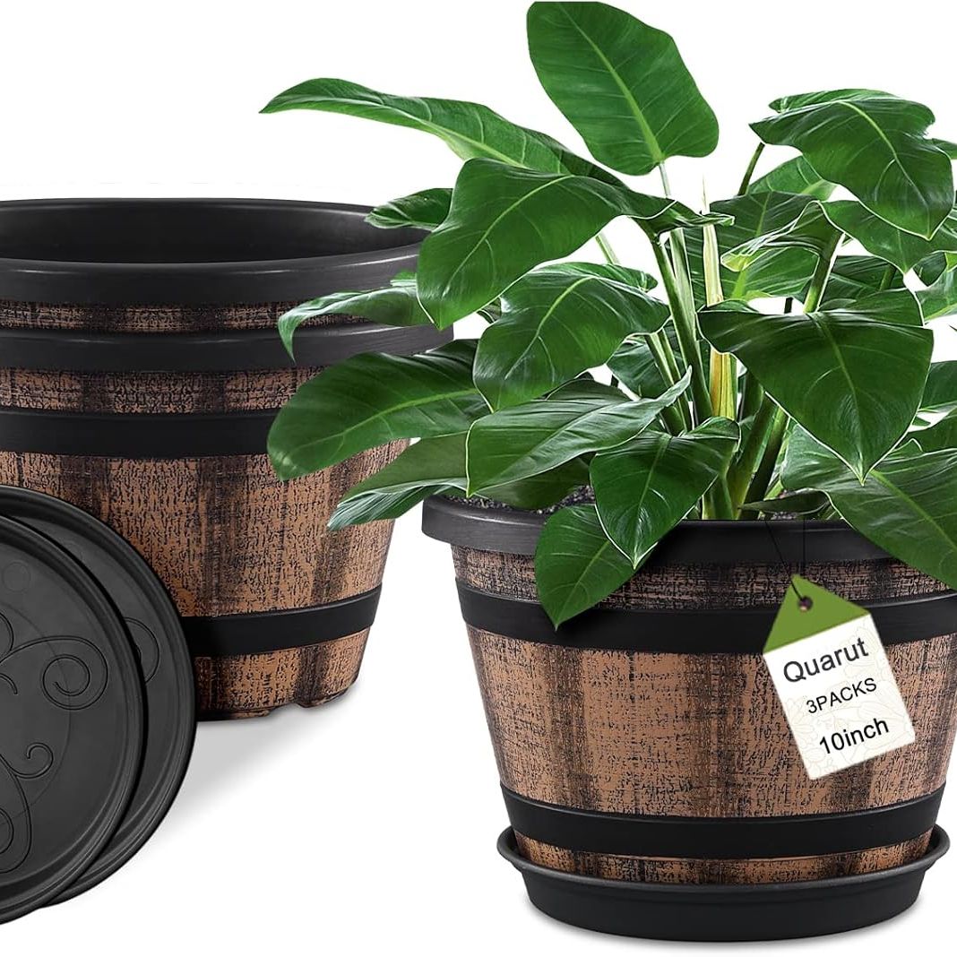Quarut 3 Pack 10 Inch Plant Pots,whiskey Barrel Planters With Drainage Holes &amp;amp; Saucer, Plastic Decoration Flower Pots Imitation Wine Barrel Design, for Indoor &amp;amp; Outdoor Garden Home Plants (brown)