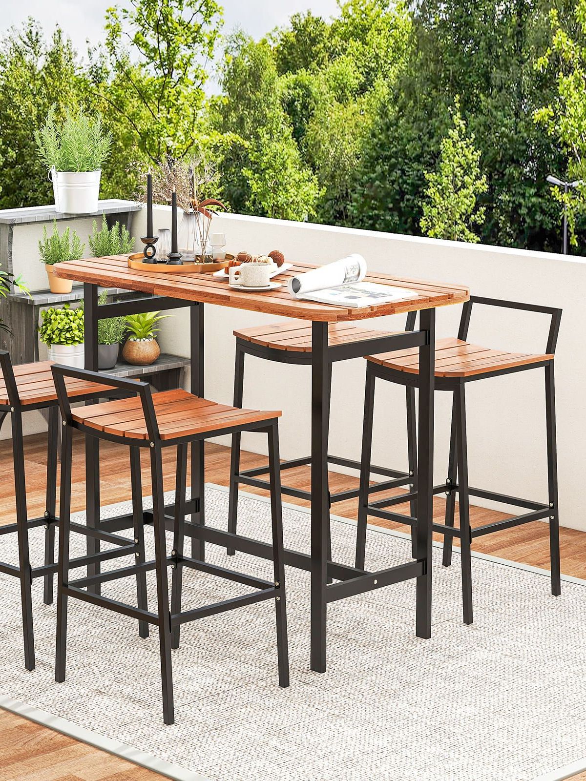 5pcs Acacia Wood Bar Table Set Outdoor Bar Height Table and Chairs