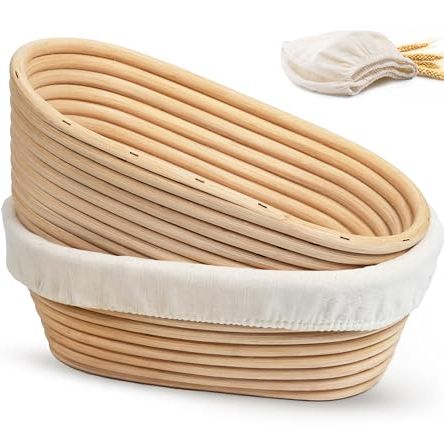Kook Banneton Bread Proofing Baskets, Artisan Sourdough Bread Making Baskets, 9.8 Inch Handwoven Rattan Baskets and Cloth Liners, Set of 2, Oval