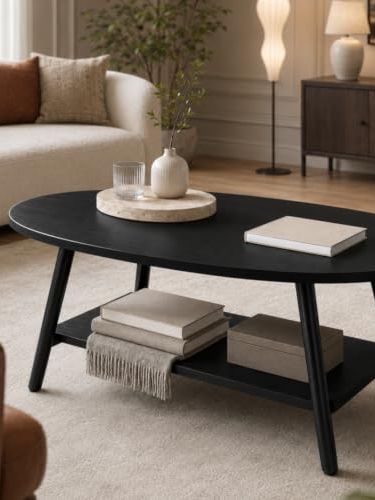 Hawthyhome Round Side Table 2-Tier Coffee Table With Storage Modern Solid Wood Table Metal Frame for Living Room Bedroom Black