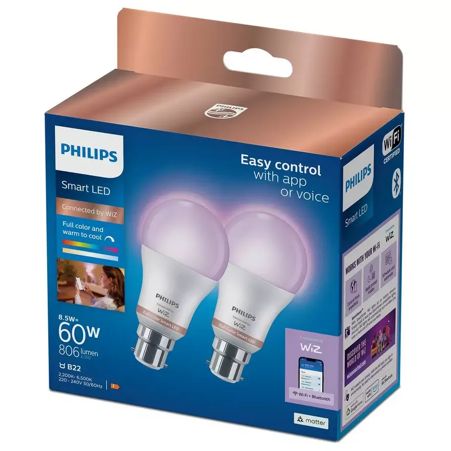 Philips , Philips WiZ A60 B22 Colour Smart Light Bulb - Pack of 2