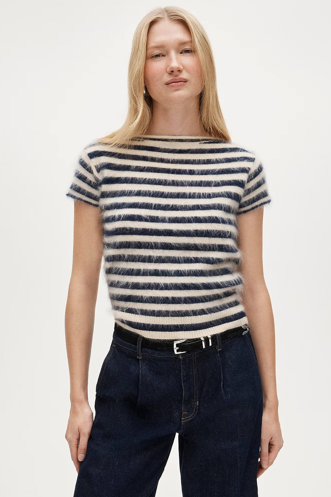 J.Crew, Brushed Cashmere Boatneck T-Shirt in Stripe