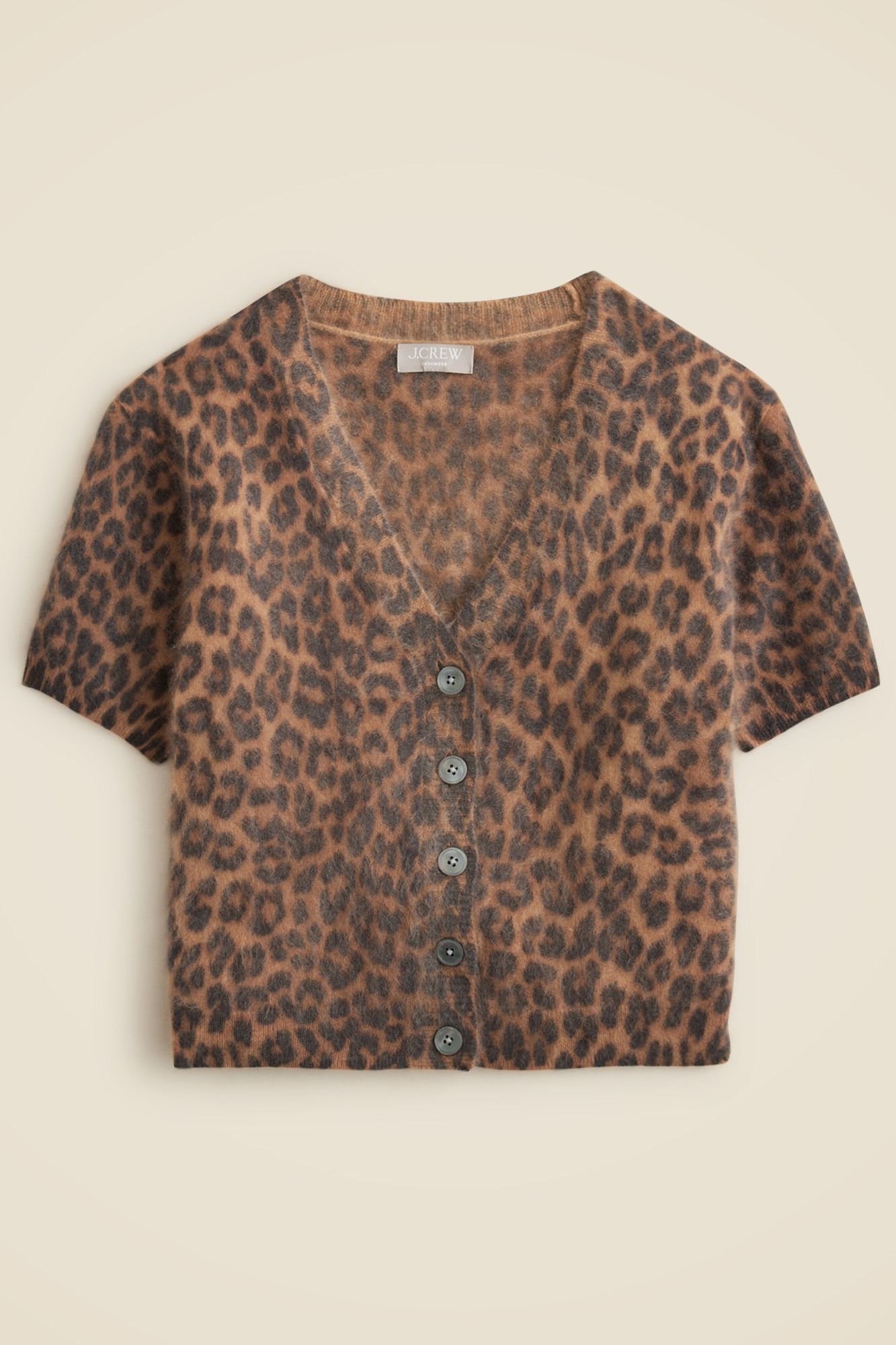 Brushed Cashmere Short-Sleeve Cardigan in Leopard Print