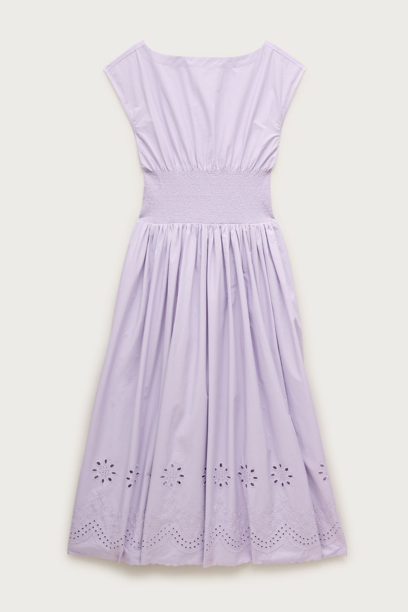 Smocked Eyelet-Hem Dress in Cotton Poplin