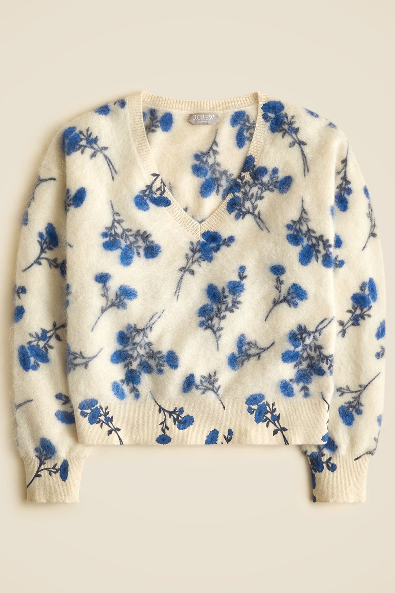 Brushed Cashmere V-Neck Sweater in Toile Floral Print