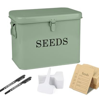 Xbopetda Seed Storage Organizer, T-Shape Compartment Seed Box With Safety Lock, Metal Seed Saving Box, Portable Seed Bin Container With Handle, Including 2 Pens 20 Plant Labels 50 Seed Envelopes-Green