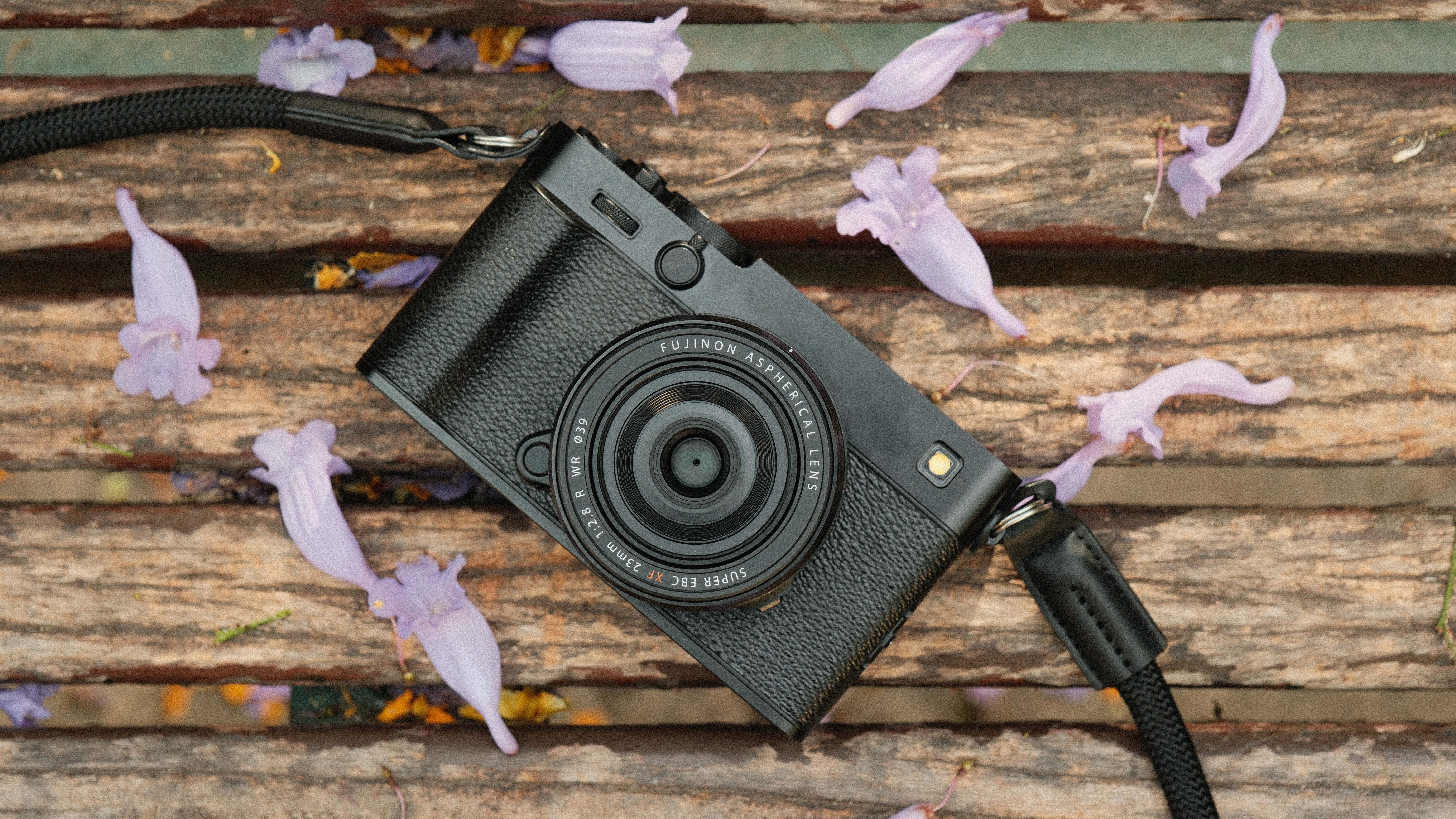 Fujifilm X-E5 camera with a 23mm lens attached on a bench surrounded by pink flowers