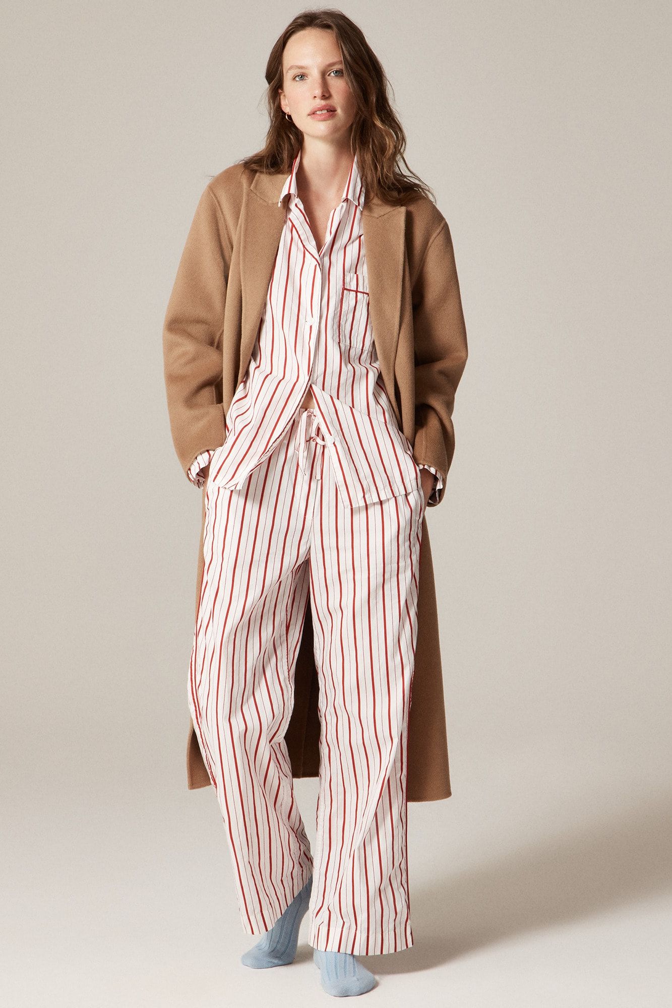 Cotton Poplin Long-Sleeve Pajama Pant Set in Peppermint Stripe