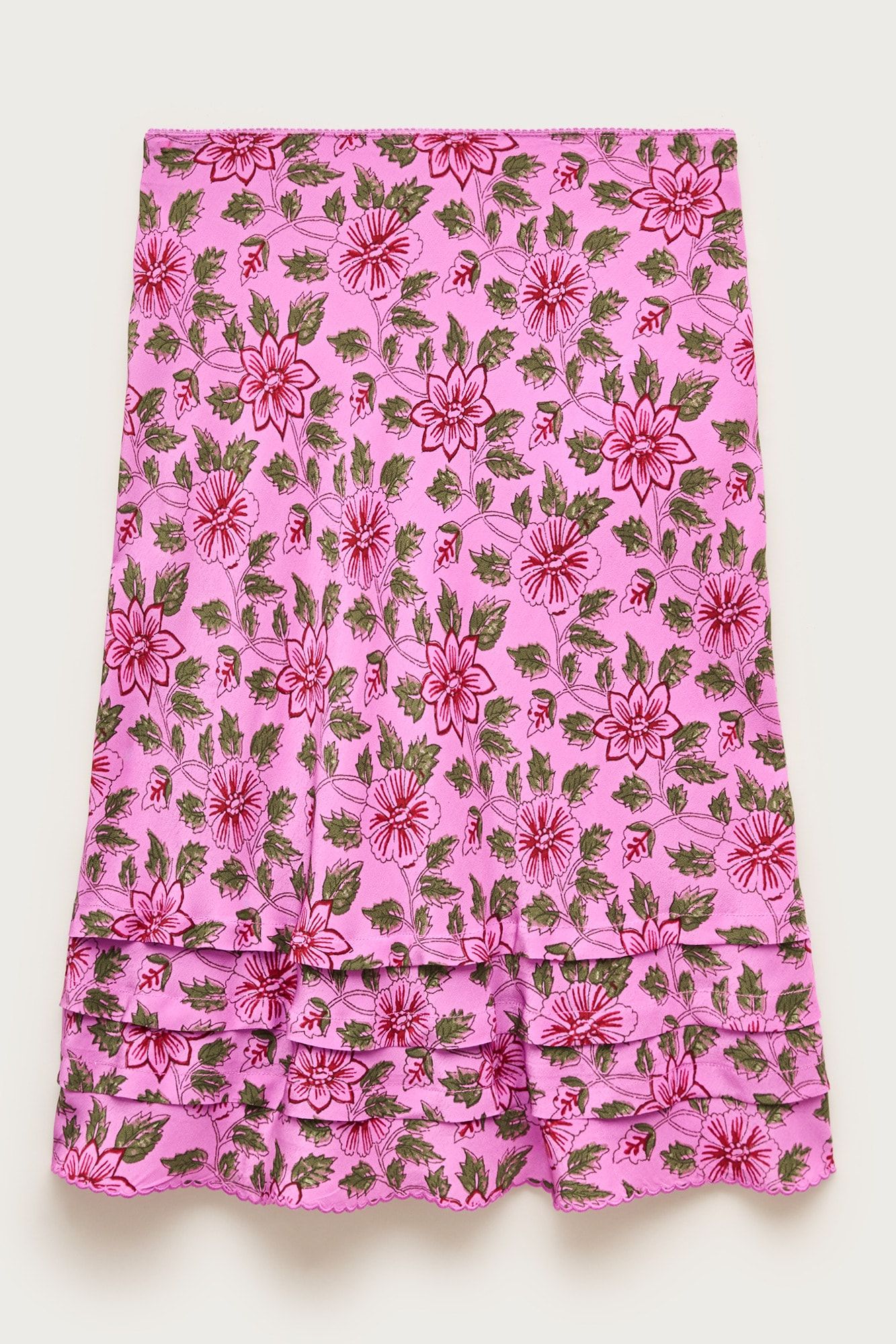 Ruffle-Trim Slip Skirt in Floral Crepe De Chine