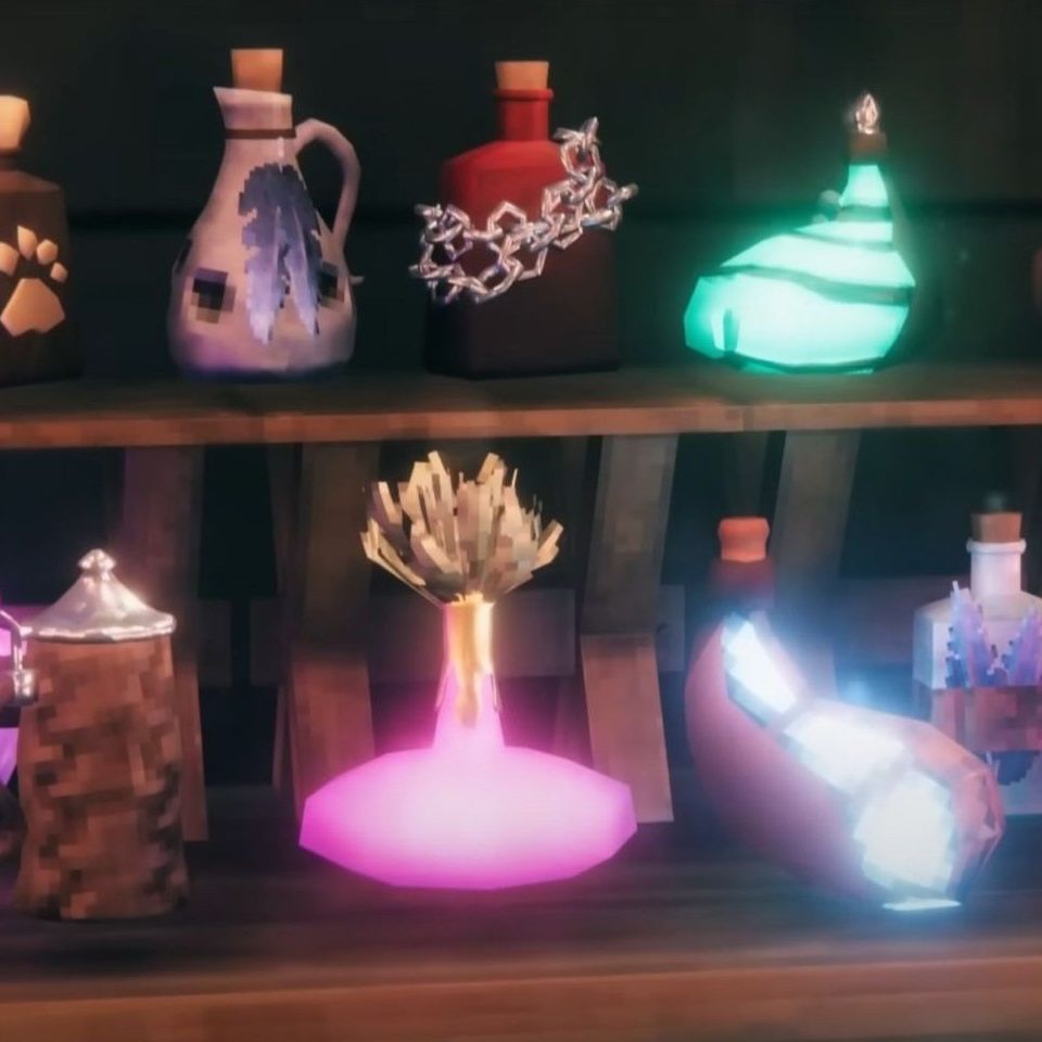 Two stacks of potions, all with different functions, laid out on a shelf in Valheim.