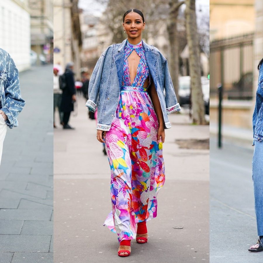 mixing denim jackets with dresses How about a cute, relaxed weekend outfit? The combination of a maxi dress and an easy-fitting denim jacket is just what's needed to float through the weekend. Hitting on 3 trends here!