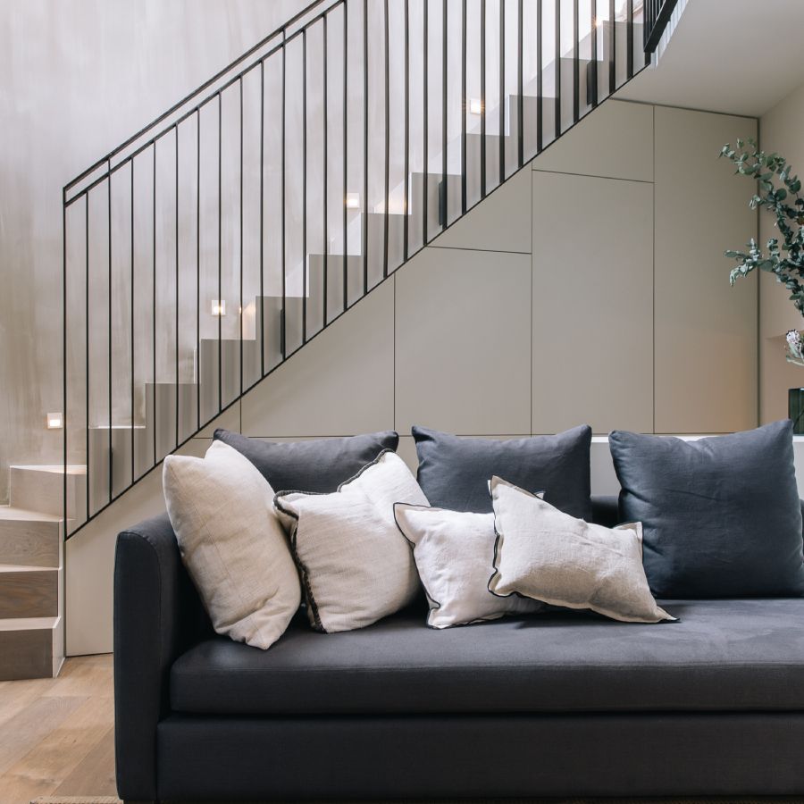 Grey And White Living Room Stairs