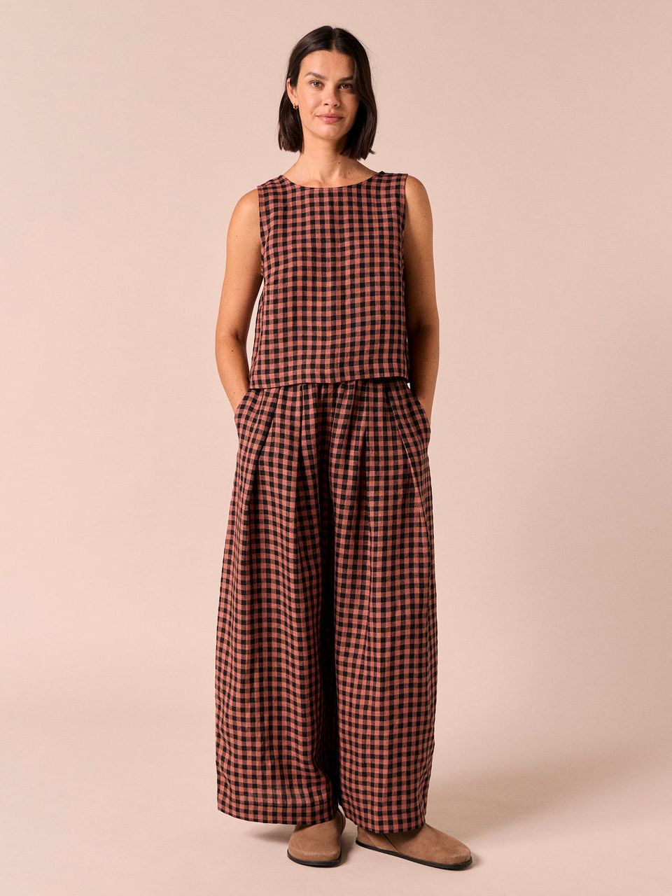 Layne Dried Rose Gingham Linen Trousers