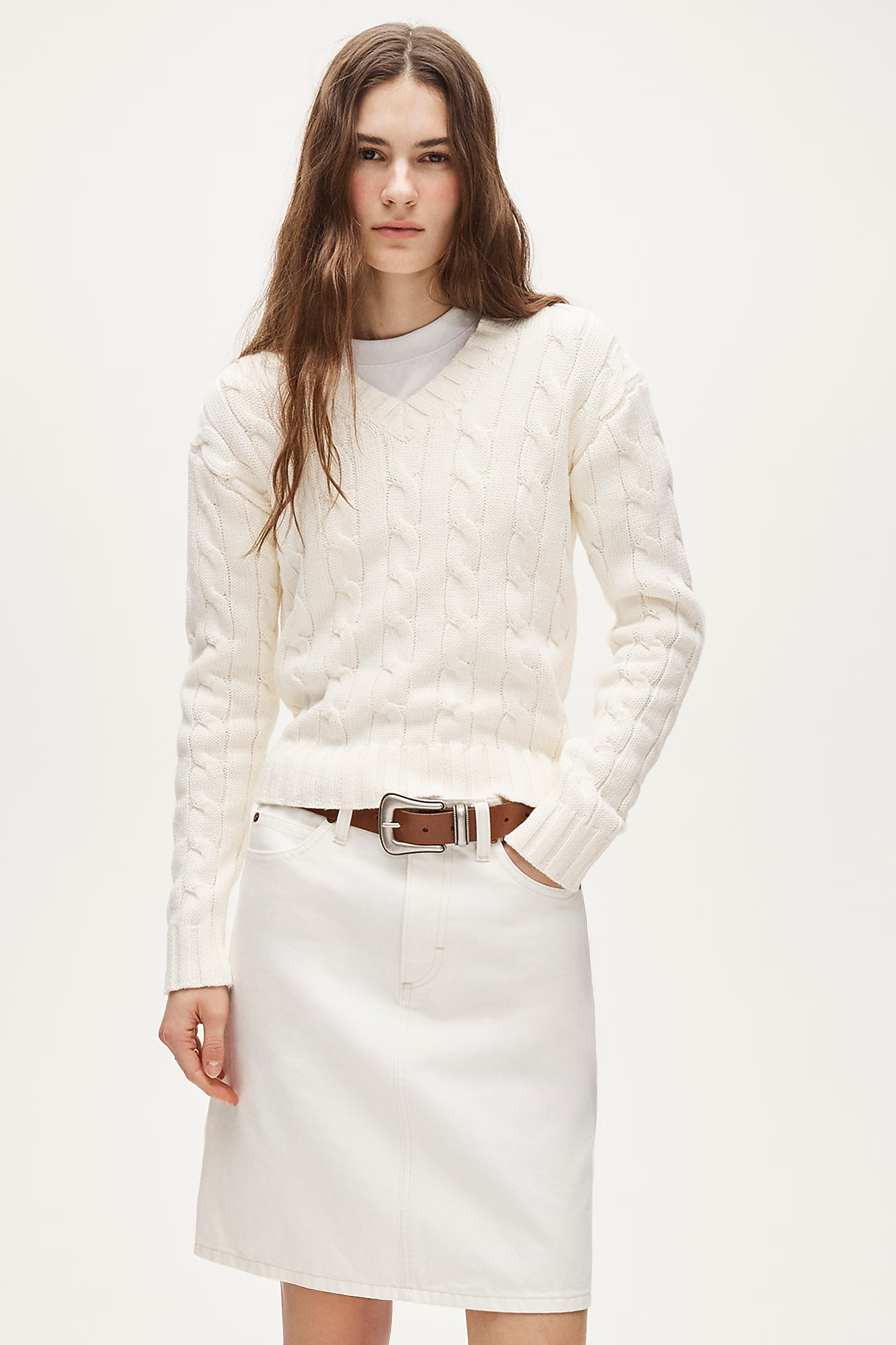 J.Crew, Cable-Knit High V-Neck Sweater in Heritage Cotton