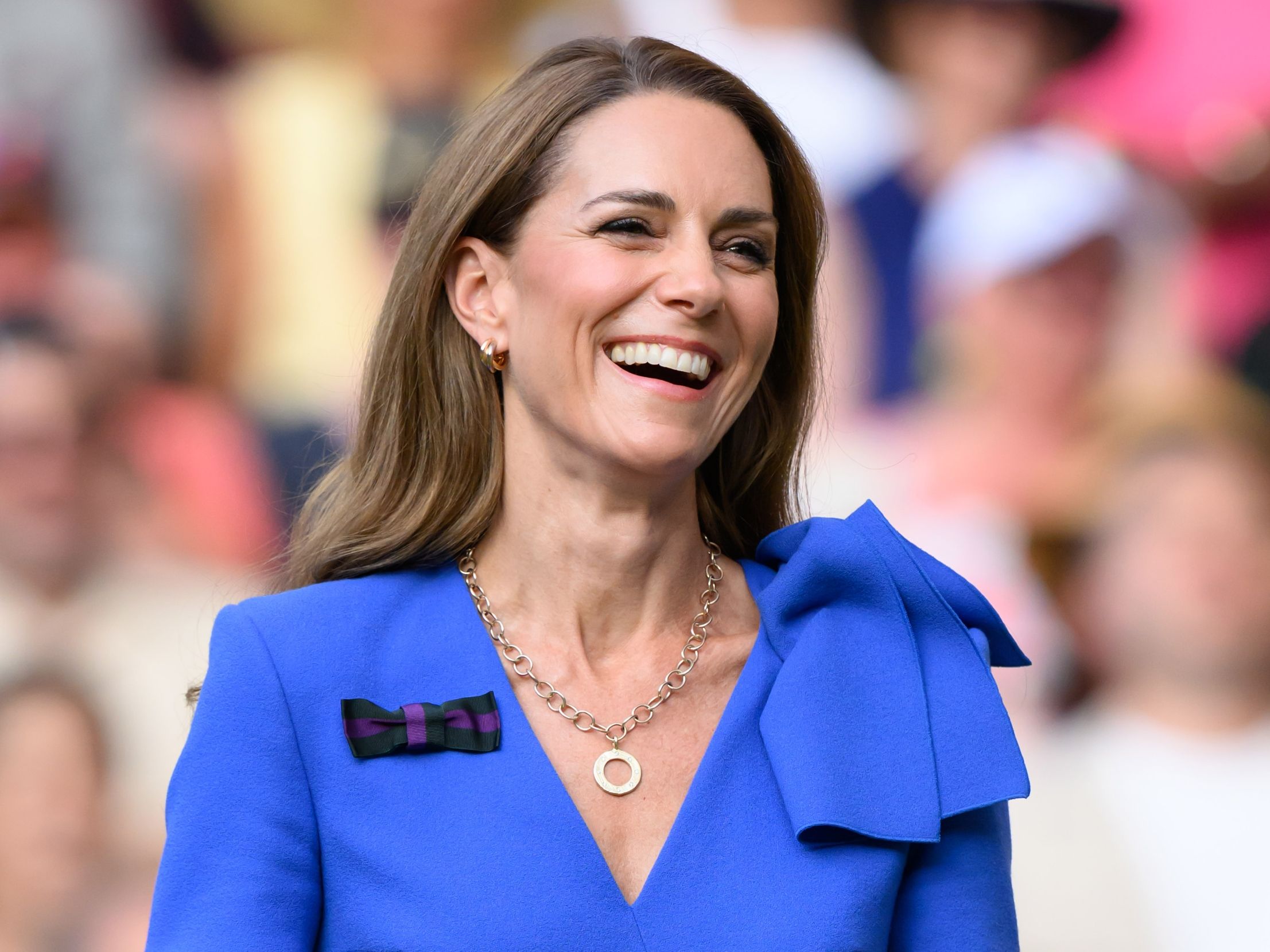 kate middleton wimbledon blue dress Mac Duggal - Blue Long Sleeve V-Neck Micro Ruffle Midi Dress