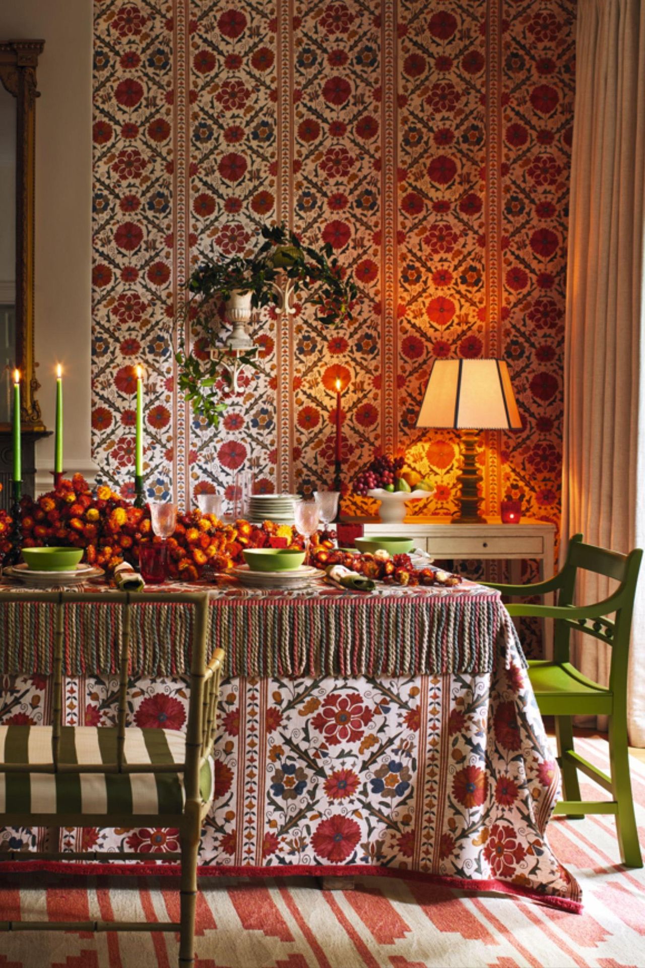 Bold orange and green themed Christmas table setting